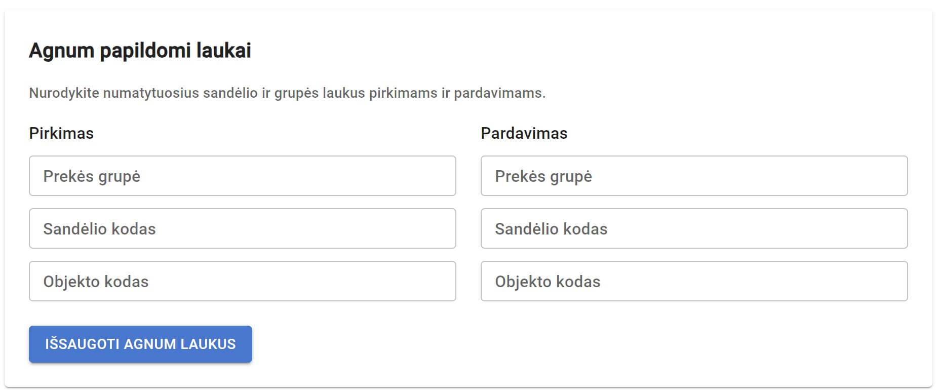 Agnum papildomi laukai nustatymai